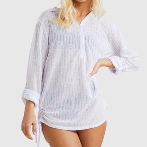 Billabong Sheer White Swim Coverup w/ Hood Size Small Roll Tab Sleeves Ruching